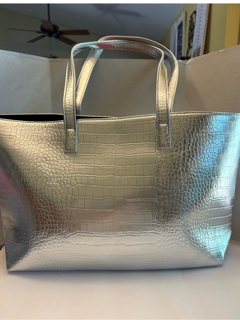 Ipsy Metallic Croc-Embossed Tote
Bag 14" × 10" x 5" Deep NWT